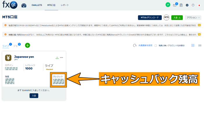 FXGTキャッシュバック残高