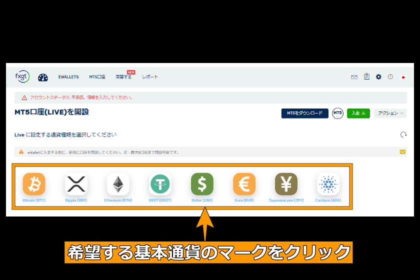 FXGT口座タイプ比較「基本通貨選択」