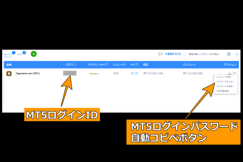 FXGT 口座開設-マイページでMT5のIDとパスワードをコピーする