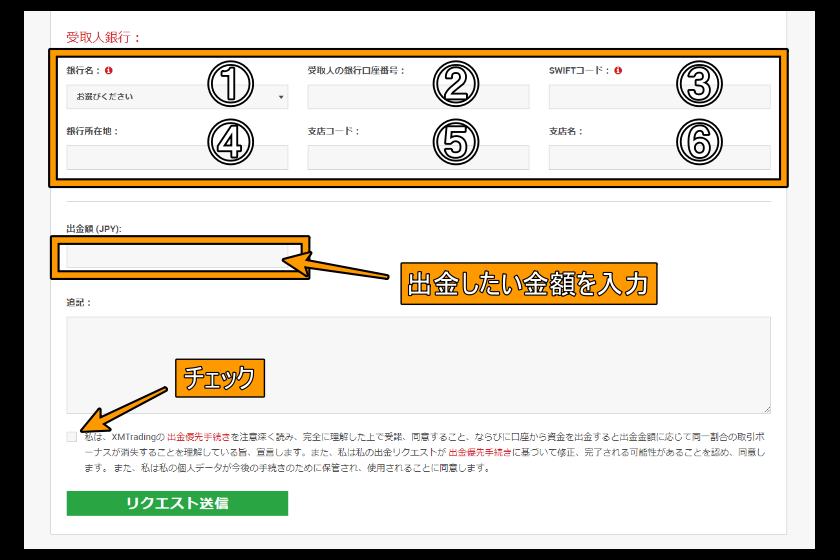 XM　出金　「国内銀行送金　銀行情報」