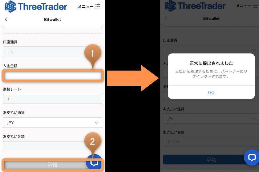 ThreeTrader入金「Bitwallet2」