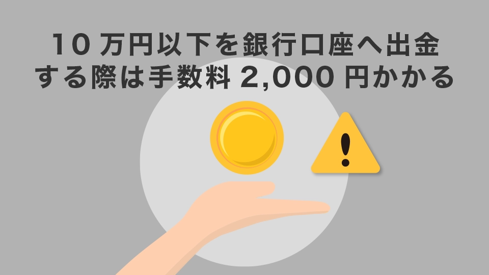 10万円以下を銀行口座への出金する際に手数料として2,000円徴収される