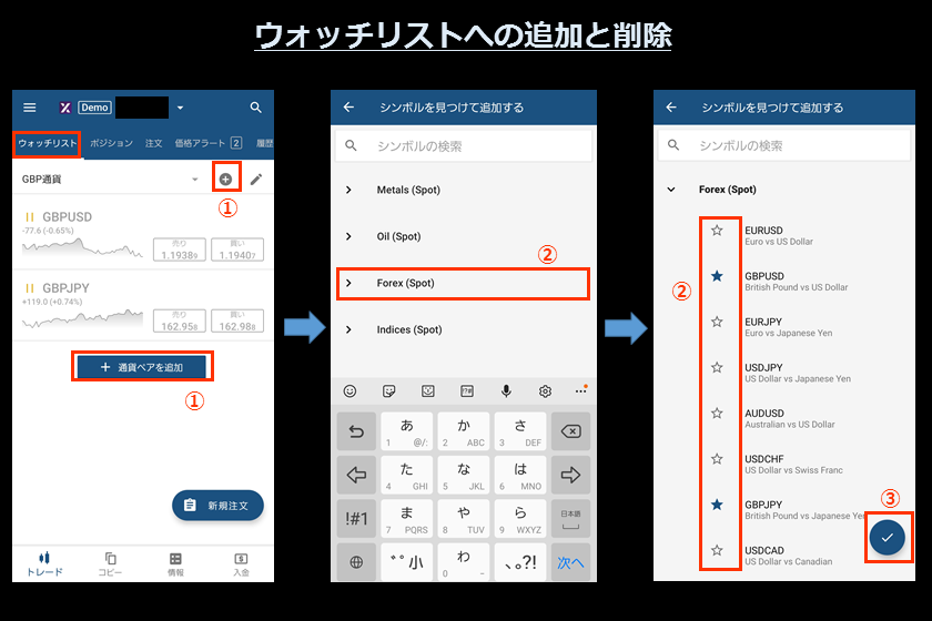 画像14　AXIORYのcTrader スマホ「ウォッチリストの通貨ペアの追加」