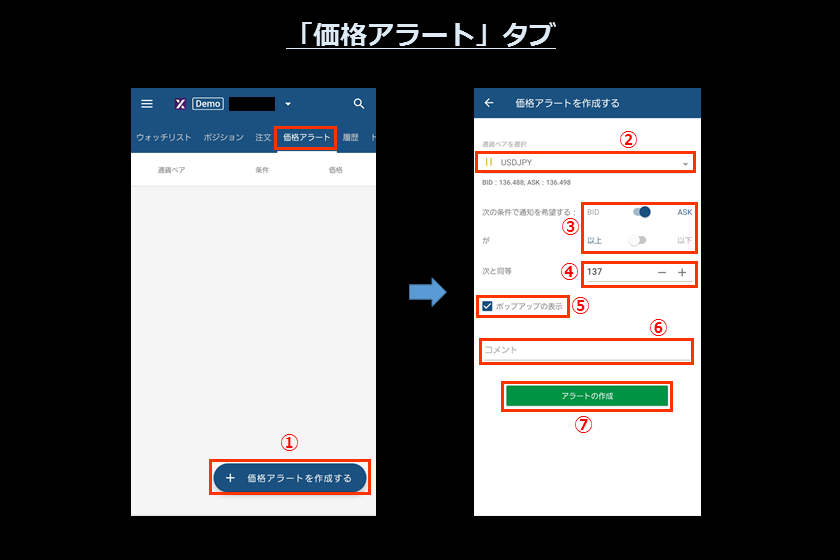 画像20 　AXIORYのcTrader スマホ「価格アラート1」