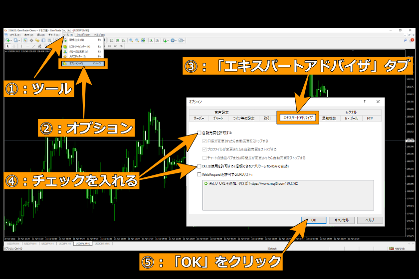 画像146：MT4使い方「DLLと自動売買の許可」