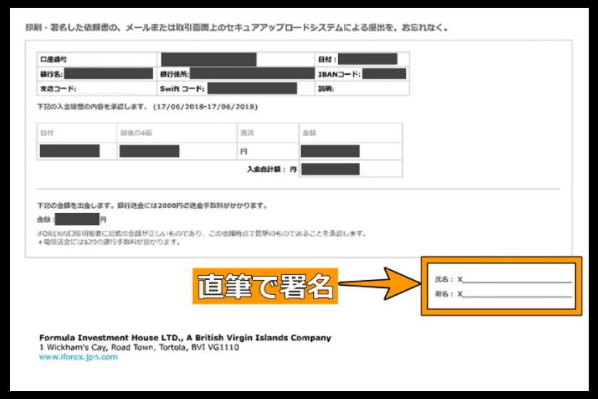 画像03：iForex 出金「出金依頼書」