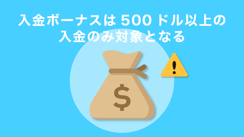 入金ボーナスは500ドル以上の入金のみ対象となる