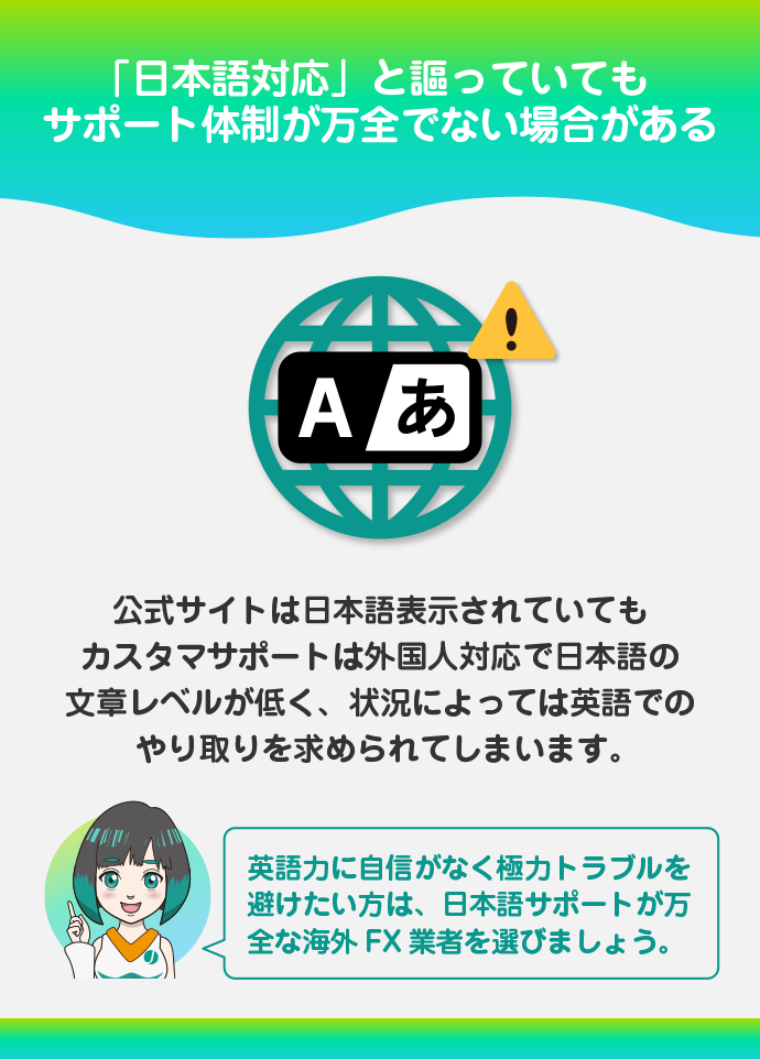 日本語サポートが万全でない海外FX業者もある