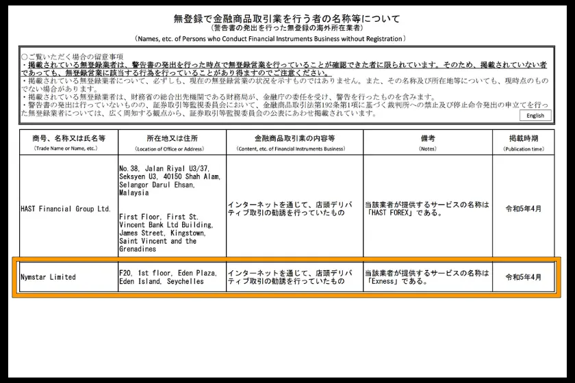 画像02：Exness　日本語「金融庁の警告抜粋」